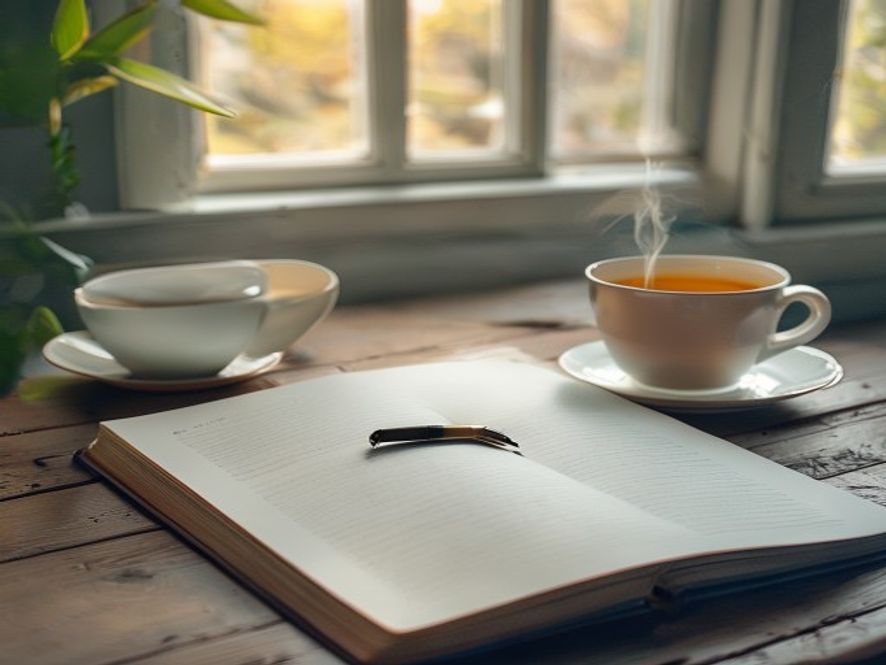 Workspace with journal and pen set up for learning and reflection